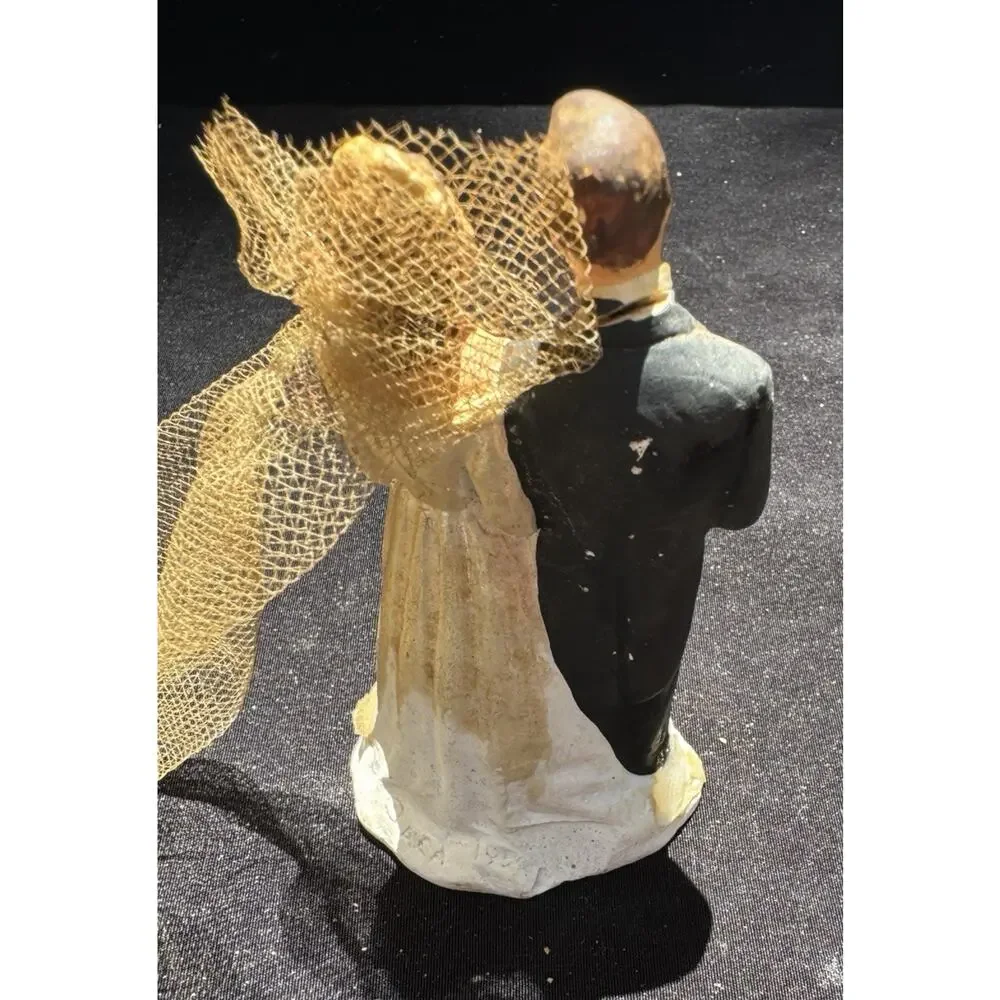 Vintage 1930’s Chalk-ware Bride And Groom Wedding Cake Topper Needs TLC -A56